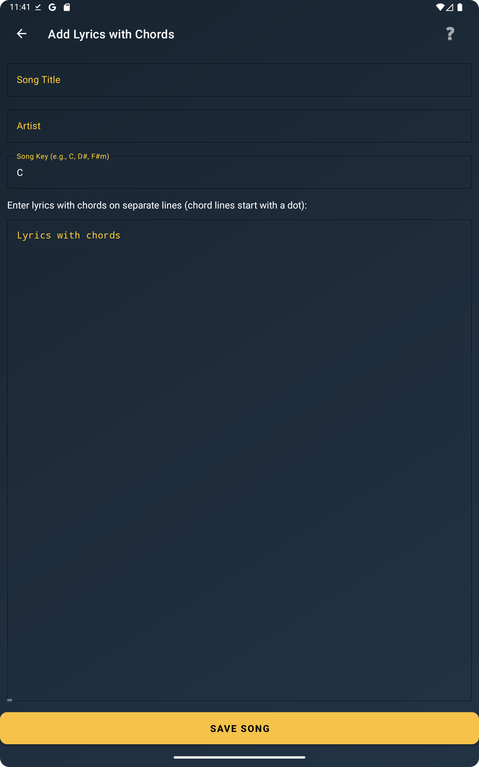 Lyrics with chords editor in ChordFlow