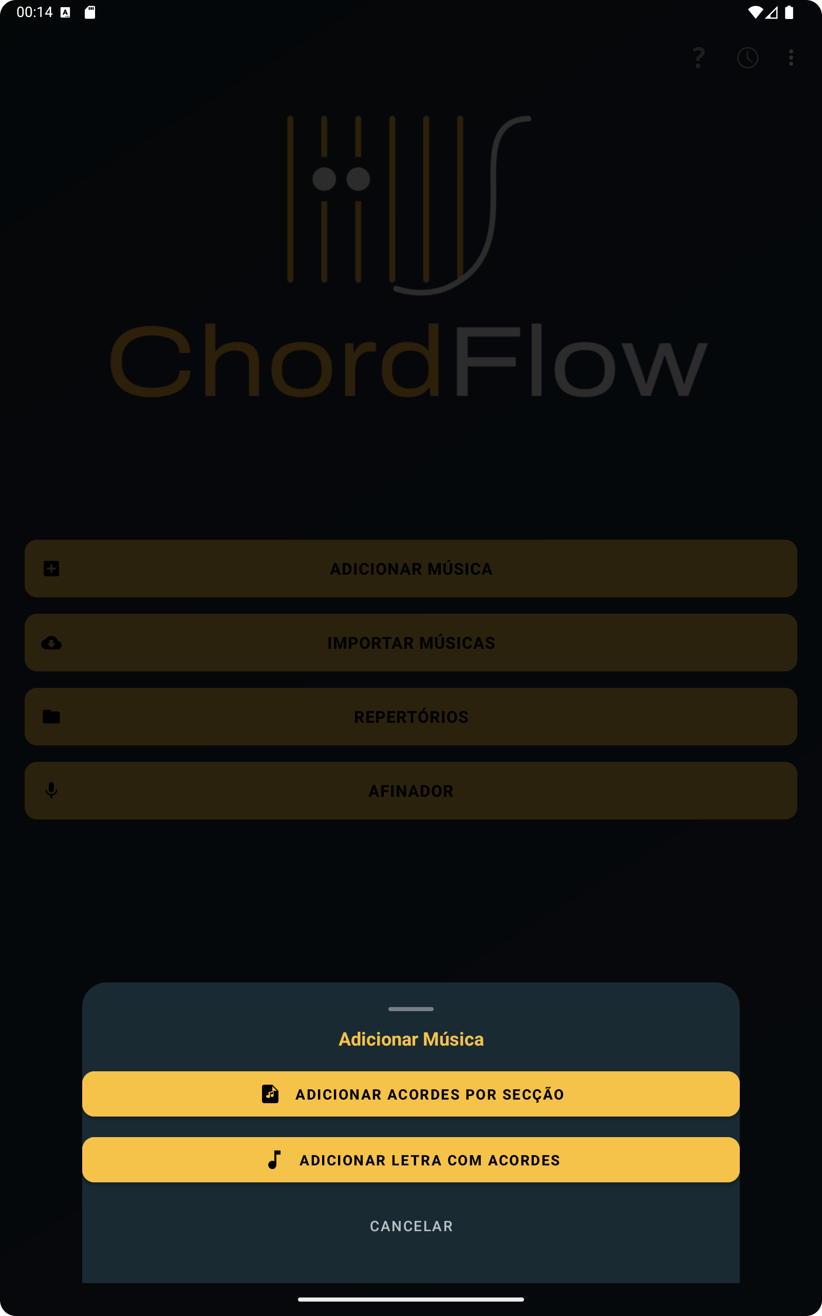 Op&ccedil;&otilde;es para adicionar m&uacute;sica no ChordFlow