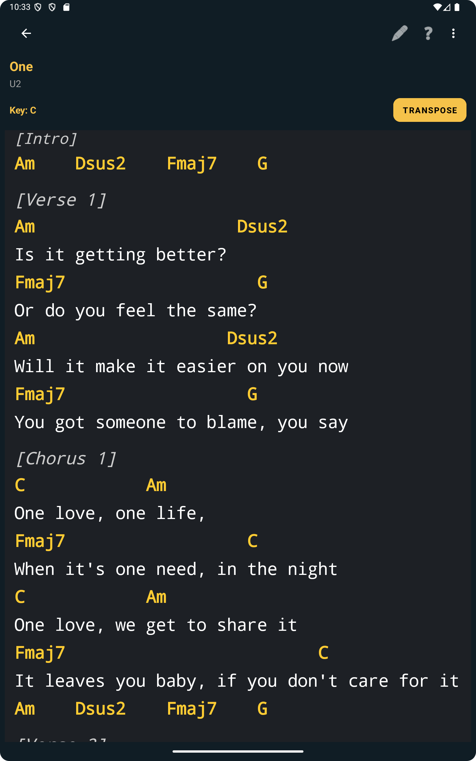 Classic view for lyrics with chords in ChordFlow