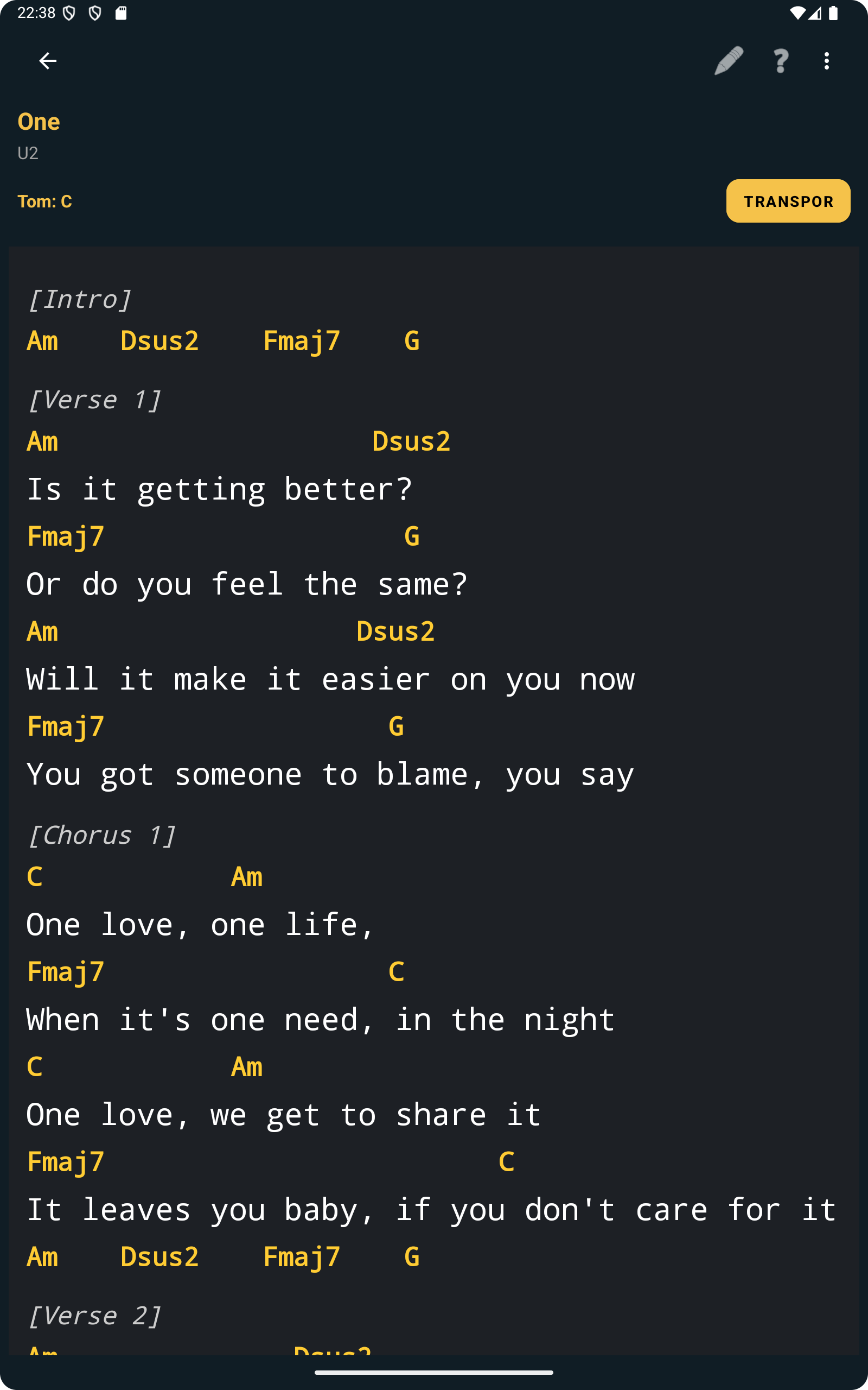 Vista clássica para letras com acordes no ChordFlow