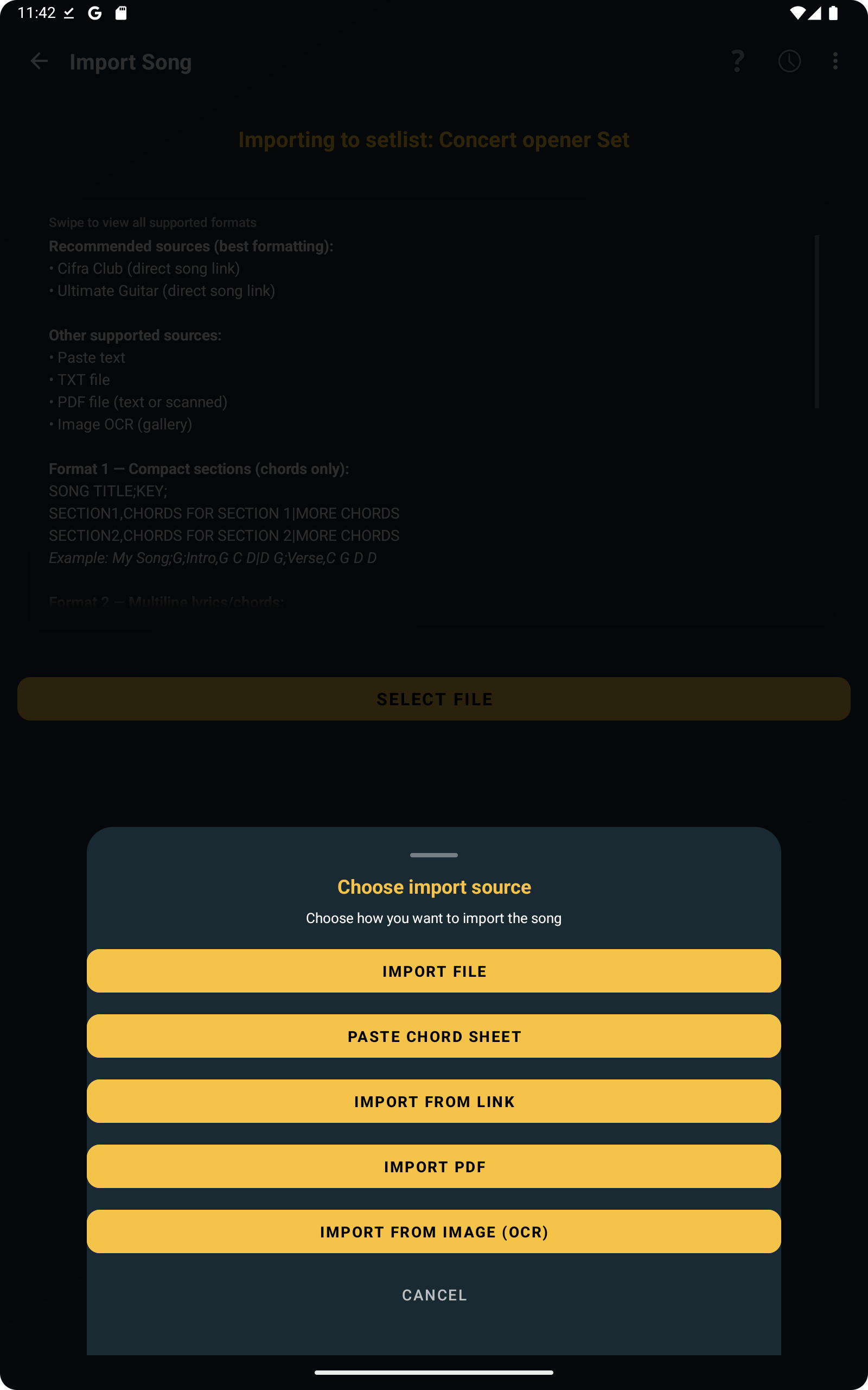 ChordFlow import song screen