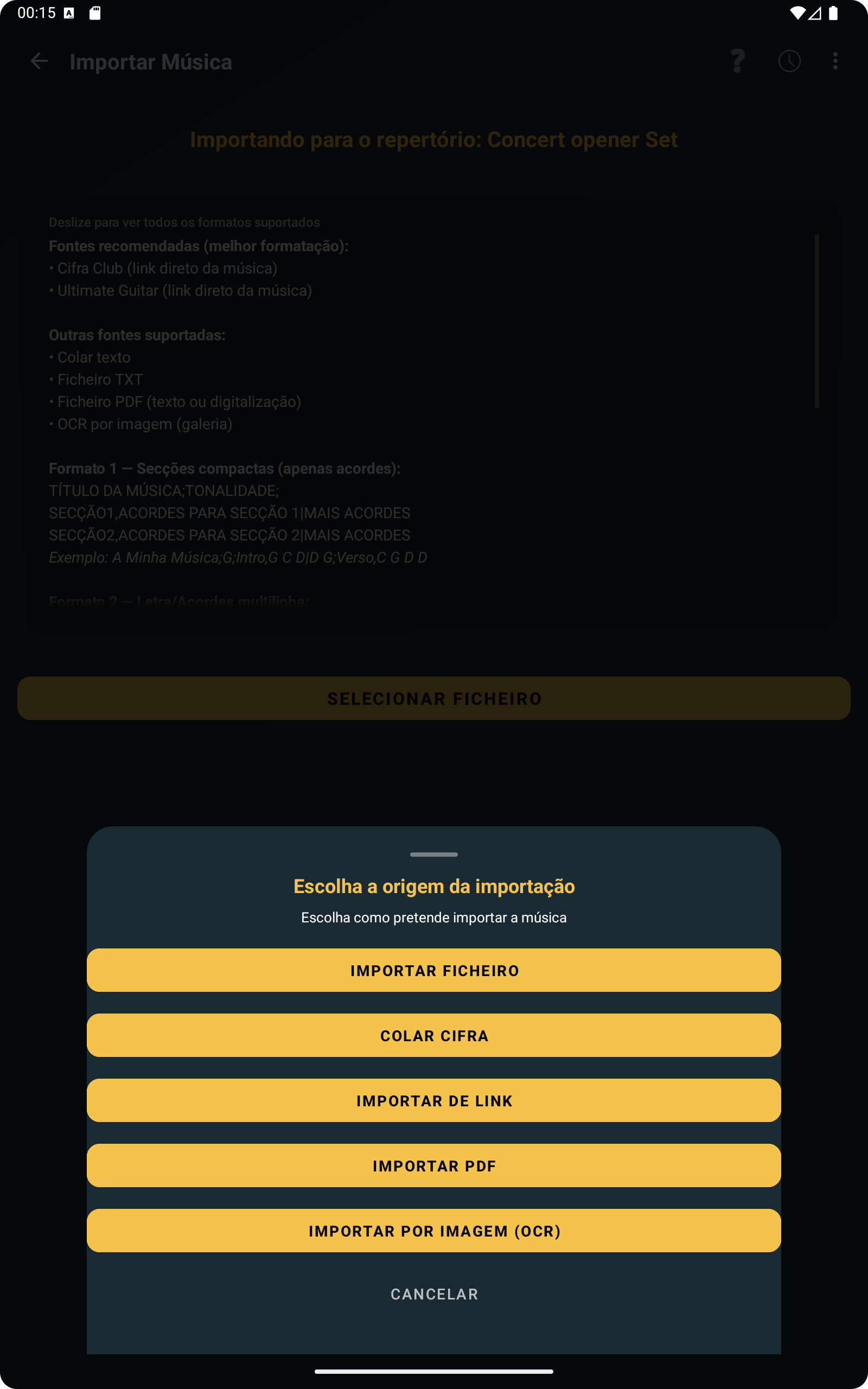 Menu de fontes de importa&ccedil;&atilde;o no ChordFlow