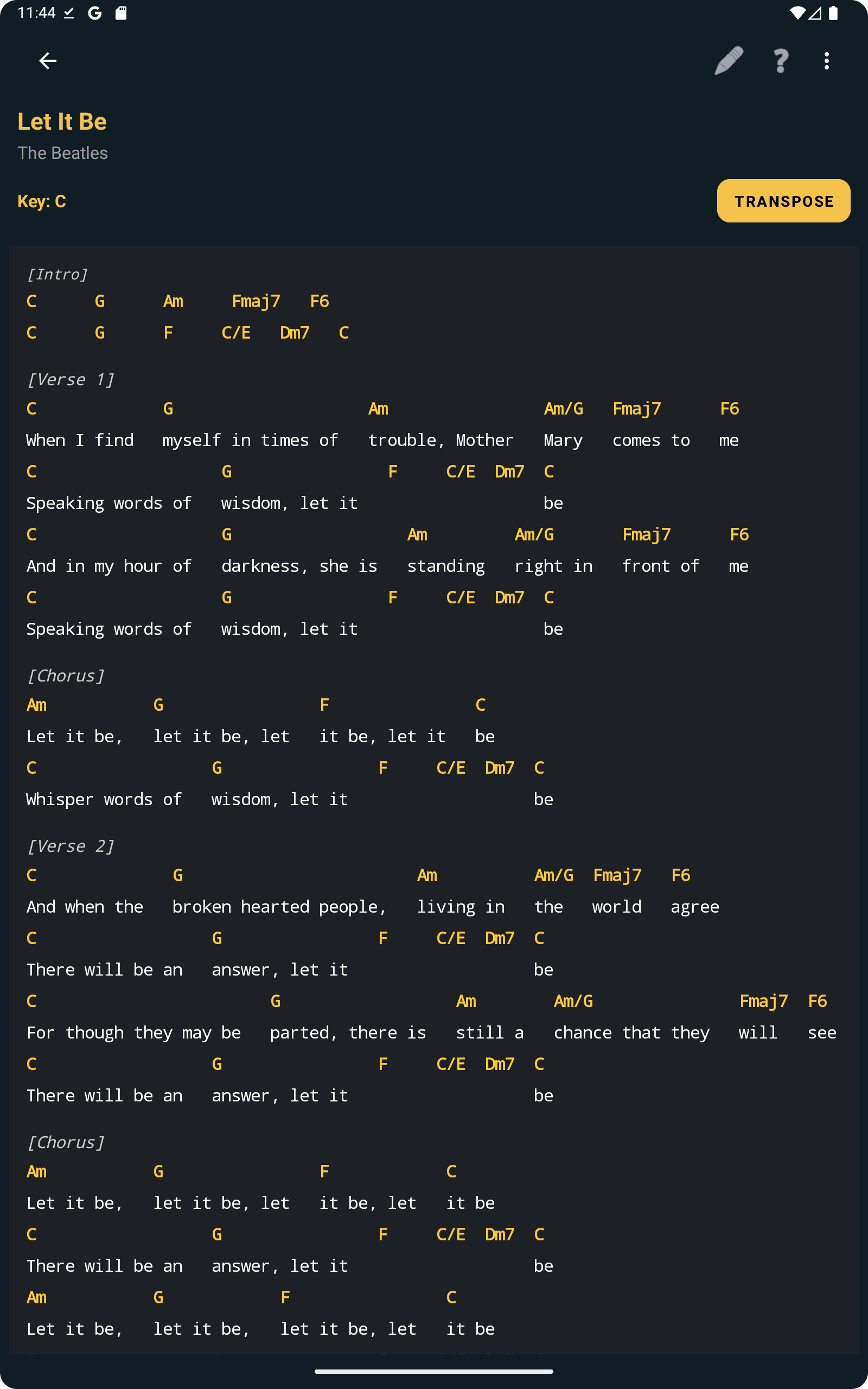 Lyrics with chords view in ChordFlow