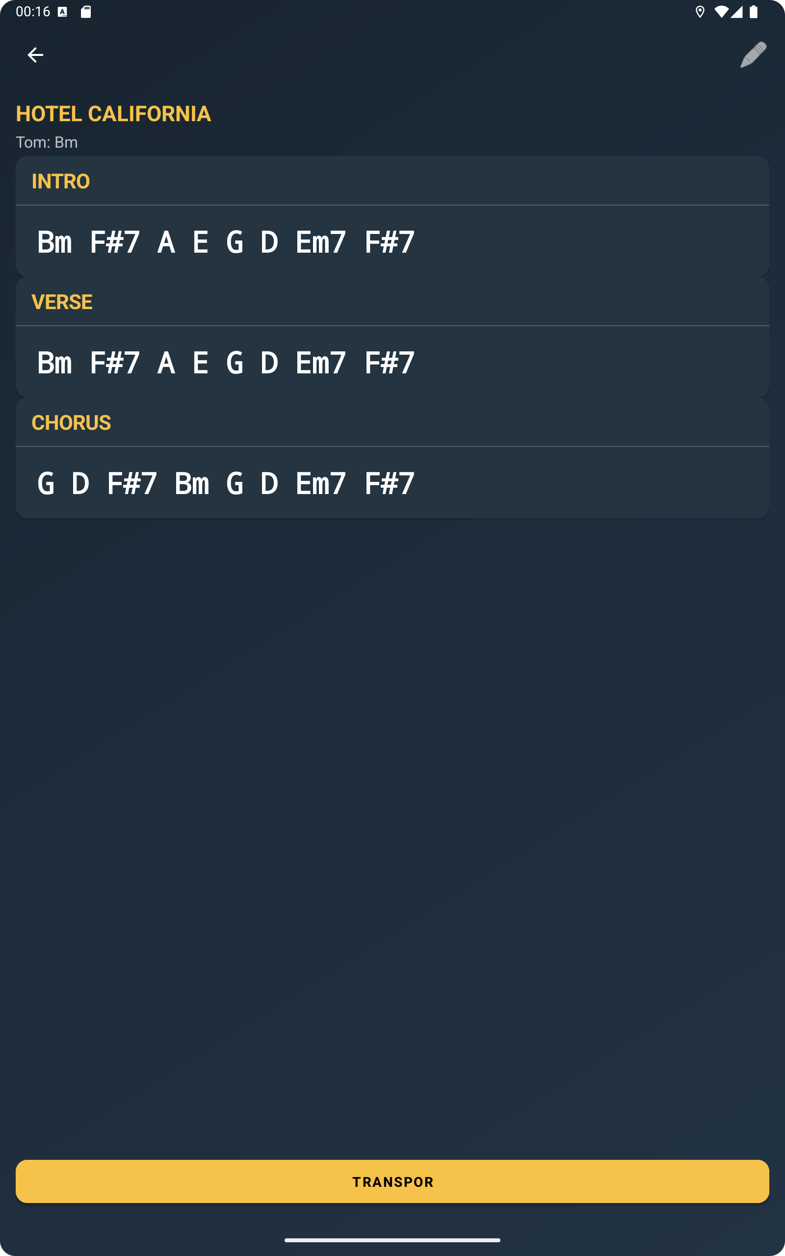 Ecr&atilde; de visualiza&ccedil;&atilde;o da m&uacute;sica com acordes