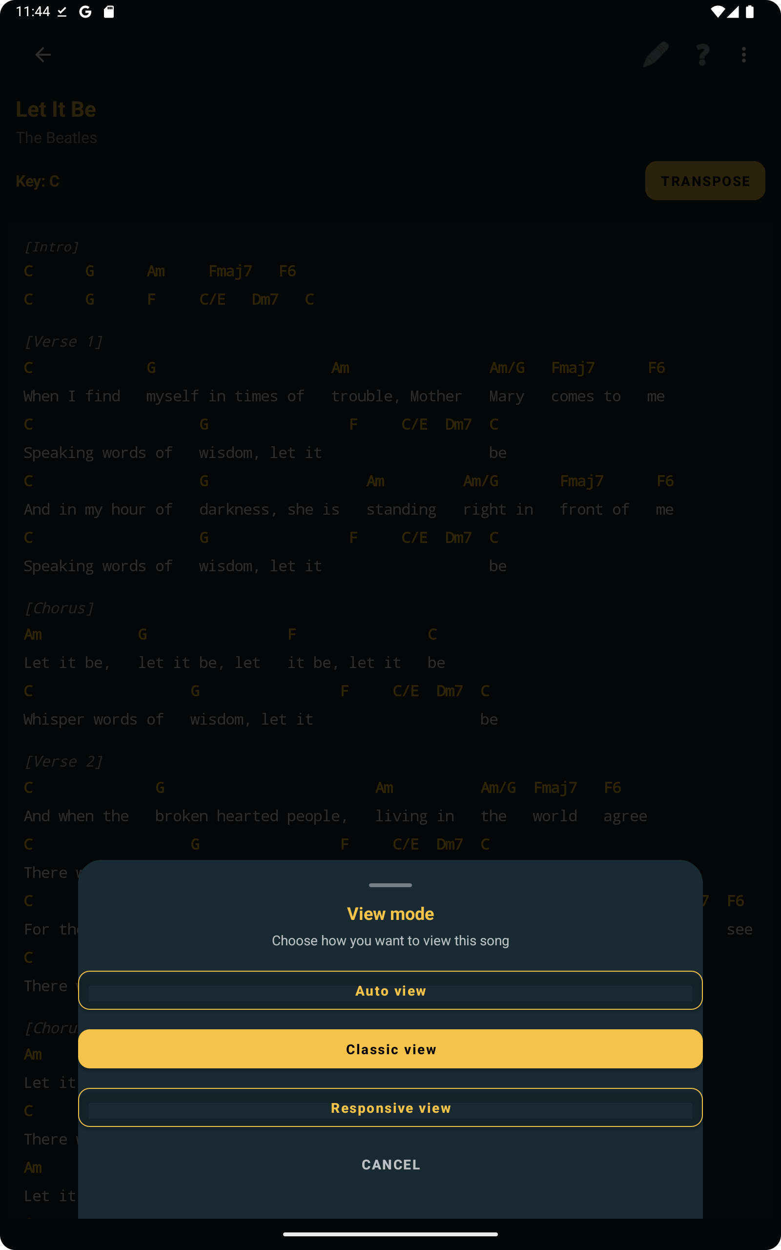 View Mode selector in ChordFlow