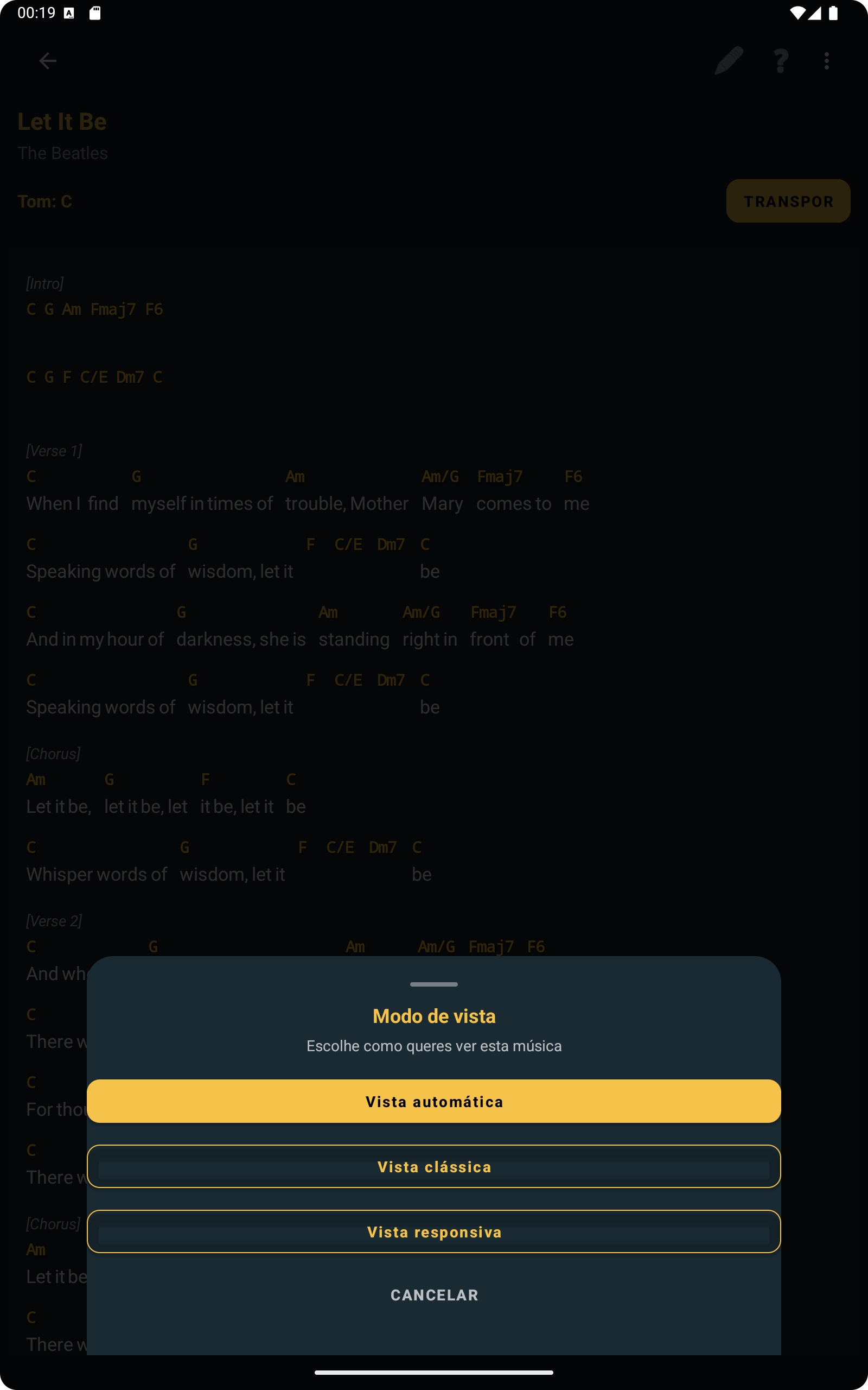 Seletor de modo de visualiza&ccedil;&atilde;o no ChordFlow