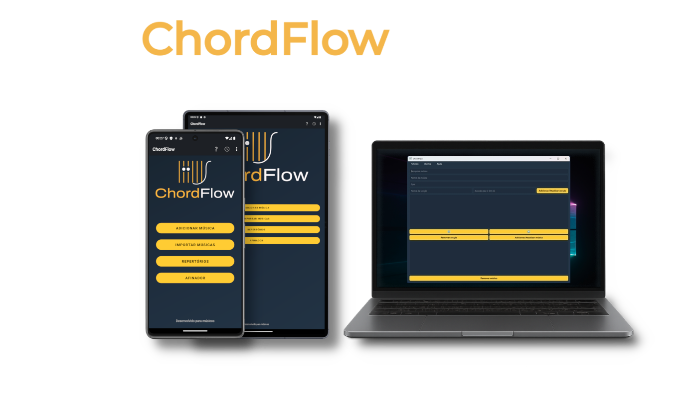 Capturas da app ChordFlow com repertórios, acordes, letras e ferramentas